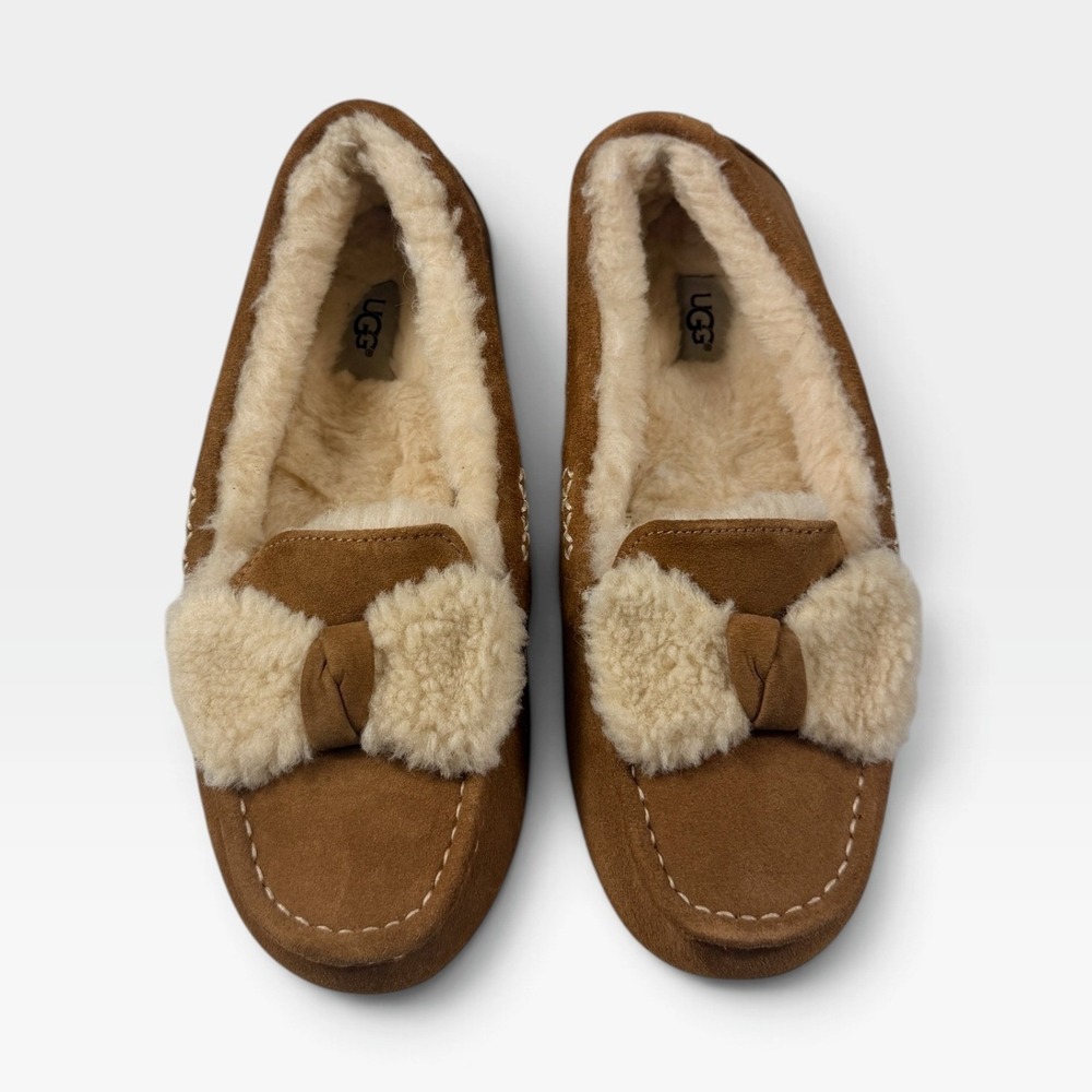 UGG Ansley Fur Bow Slipper Women 11 Chestnut Suede Sheepskin 1019758 New